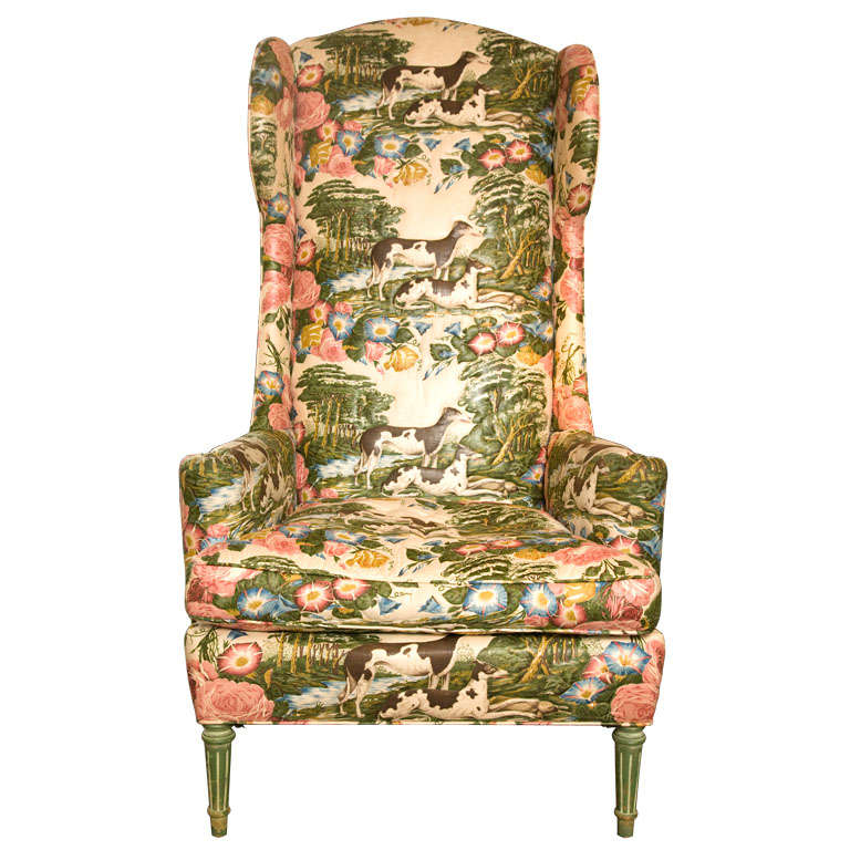 Unusual High-Back Wingback Chair in Original Upholstery For Sale